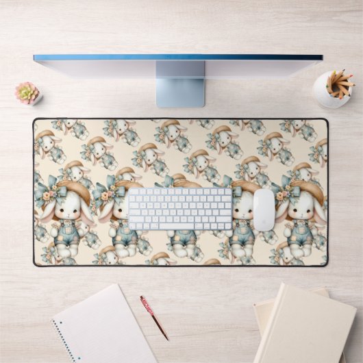 Cute Bunny in Overalls with Straw Hat & Bow デスクマット (オフィス1)