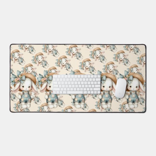Cute Bunny in Overalls with Straw Hat & Bow デスクマット (キーボード&マウス)