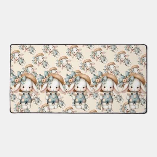 Cute Bunny in Overalls with Straw Hat & Bow デスクマット (正面)