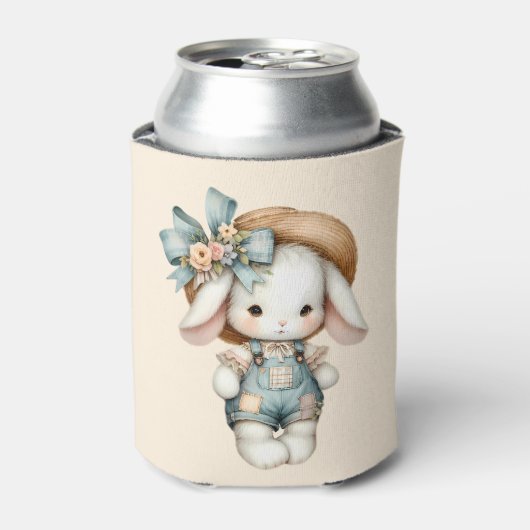 Cute Bunny in Overalls with Straw Hat & Bow Mug 缶クーラー (缶正面)