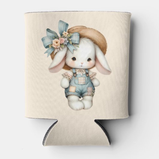 Cute Bunny in Overalls with Straw Hat & Bow Mug 缶クーラー (正面)