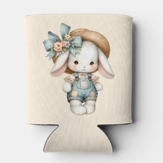 Cute Bunny in Overalls with Straw Hat & Bow Mug 缶クーラー (裏面)