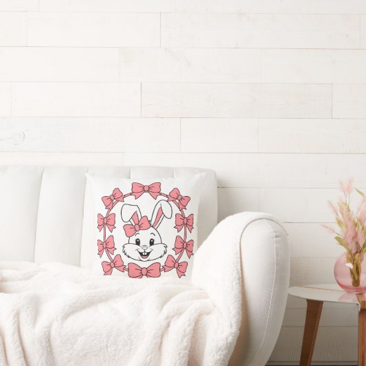 Cute Bunny in Pink Bow Wreath – Easter Coquette クッション (ソファ)