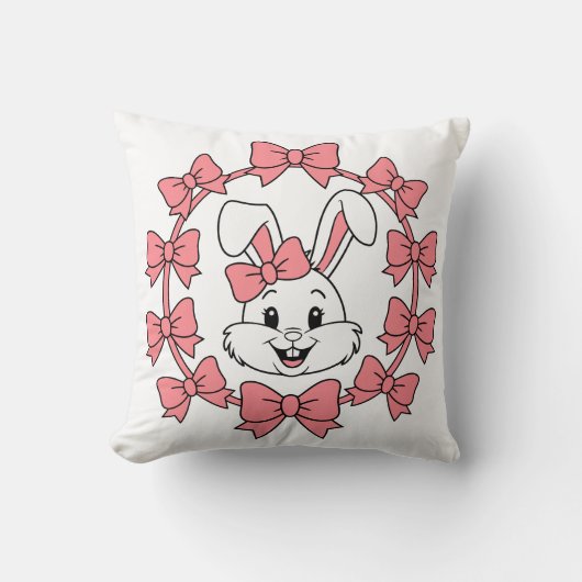 Cute Bunny in Pink Bow Wreath – Easter Coquette クッション (正面)