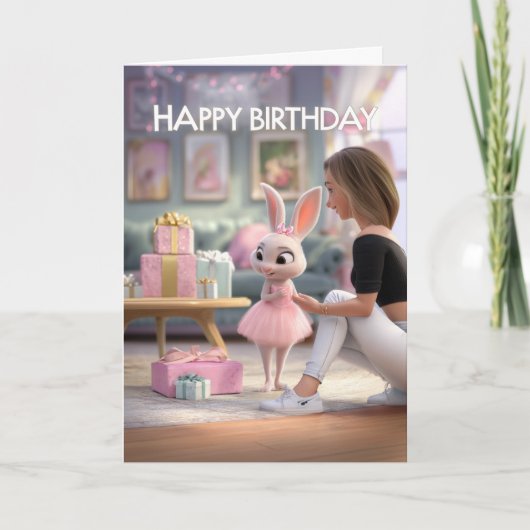Cute Bunny in Pink Dress with Gifts Happy Birthday カード (正面)
