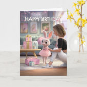 Cute Bunny in Pink Dress with Gifts Happy Birthday カード (黄色い花)