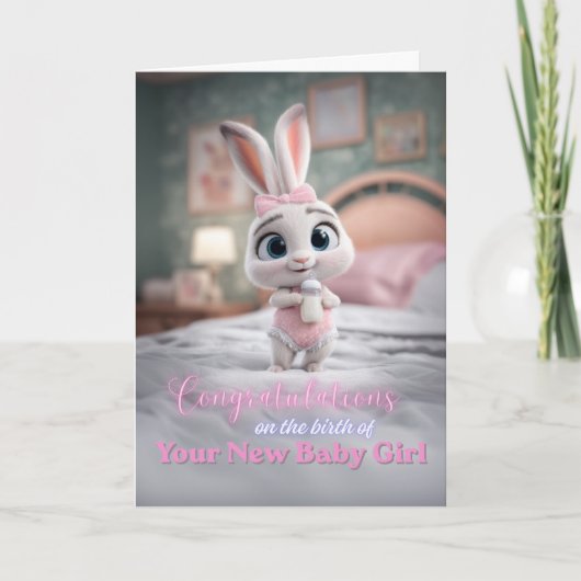 Cute Bunny in Pink New Baby Girl Congratulations カード (正面)