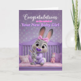 Cute Bunny in Purple New Baby Girl Congratulations カード