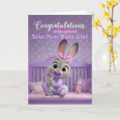 Cute Bunny in Purple New Baby Girl Congratulations カード (黄色い花)