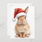 Cute Bunny in Santa Hat Watercolor Xmas シーズンポストカード (正面/裏面)