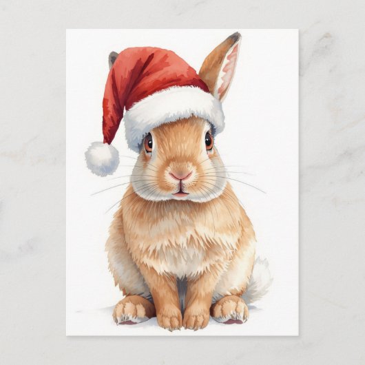 Cute Bunny in Santa Hat Watercolor Xmas シーズンポストカード (正面)