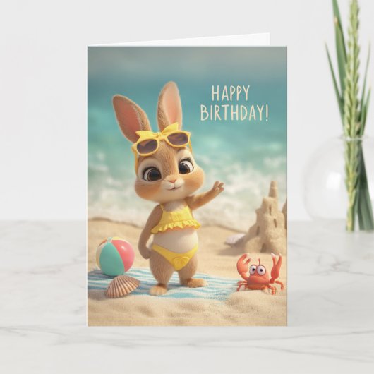 Cute Bunny in Yellow Swimsuit Beach Birthday カード (正面)