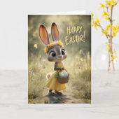 Cute Bunny in Yellow w/ Happy Easter Basket カード (黄色い花)