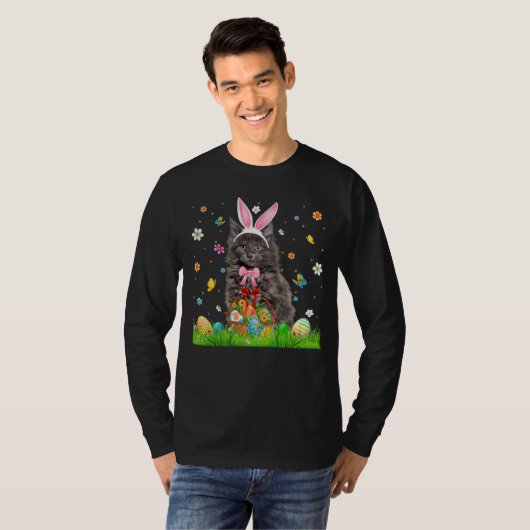 Cute Bunny Maine Coon Cat With Easter Egg Basket E Tシャツ (正面フル)