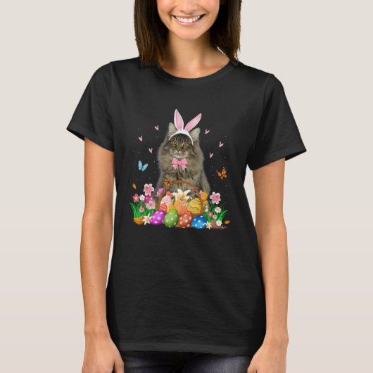 Cute Bunny Maine Coon Cat With Easter Egg Basket E Tシャツ (正面)