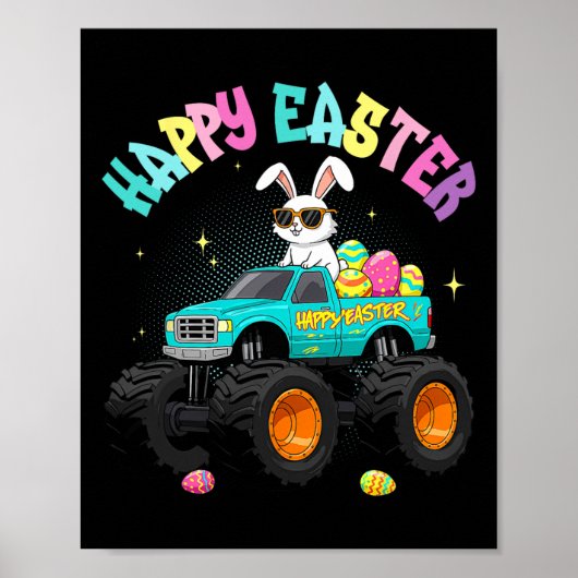 Cute Bunny Monster Truck Happy Easter For Kids Boy ポスター (正面)