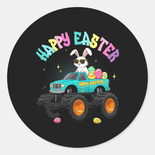 Cute Bunny Monster Truck Happy Easter For Kids Boy ラウンドシール (正面)