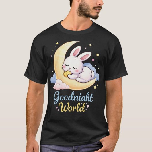 Cute Bunny Moon Goodnight World Cartoon Design Tシャツ (正面)