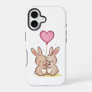 Cute Bunny Pair with Heart Balloon Phone Case  iPhone 16ケース