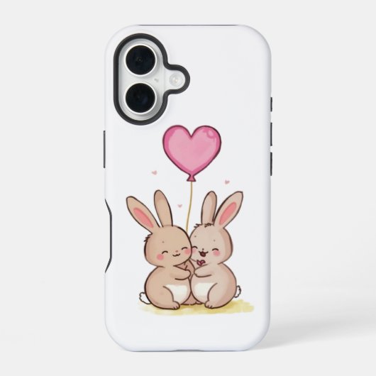 Cute Bunny Pair with Heart Balloon Phone Case  iPhone 16ケース (裏面)