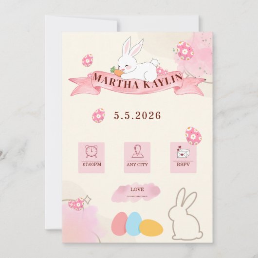 Cute Bunny Pastel Template Baby Shower 招待状 (正面)