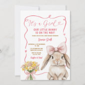 Cute Bunny pink bow coquette baby shower floral 招待状 (正面)