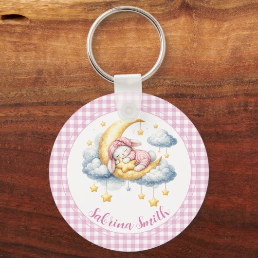 Cute Bunny Pink Boy Girl Moon Star Baby Shower  キーホルダー (裏面)