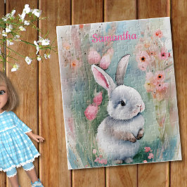 Cute Bunny Rabbit and Watercolor Spring Flowers ジグソーパズル