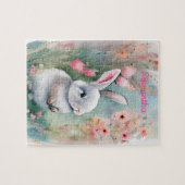 Cute Bunny Rabbit and Watercolor Spring Flowers ジグソーパズル (横)