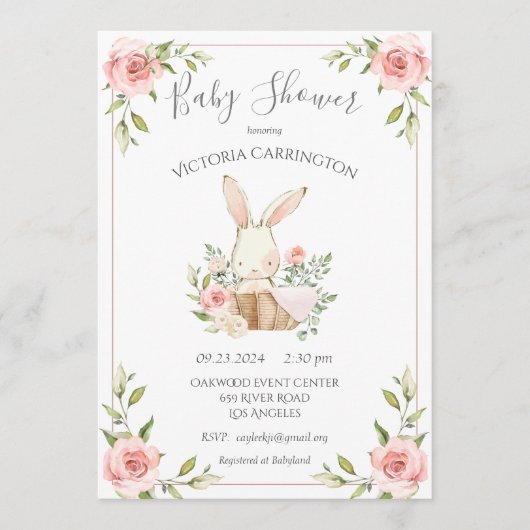 Cute Bunny Rabbit Baby Shower 招待状 (正面)