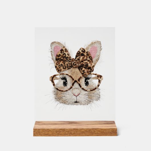 Cute Bunny Rabbit Face Leopard Coquette Bow Glasse アクリルサイン (正面)