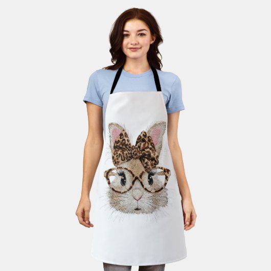 Cute Bunny Rabbit Face Leopard Coquette Bow Glasse エプロン (着用した状態)