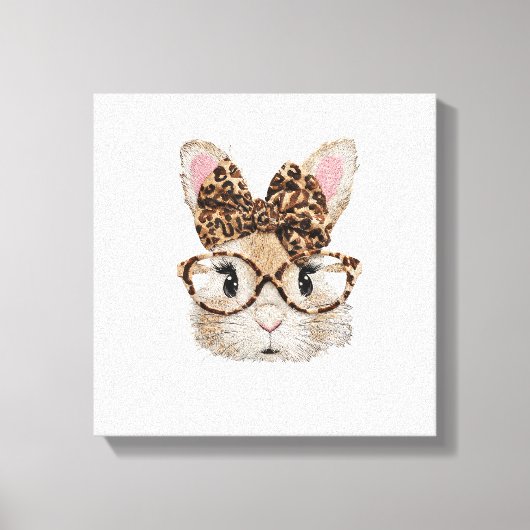 Cute Bunny Rabbit Face Leopard Coquette Bow Glasse キャンバスプリント (正面)