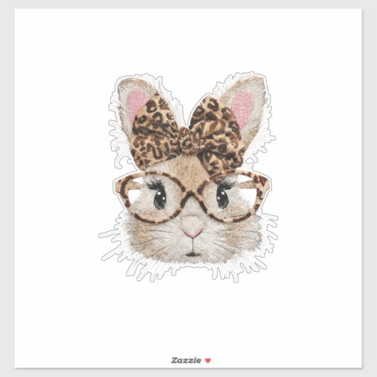 Cute Bunny Rabbit Face Leopard Coquette Bow Glasse シール (シート)
