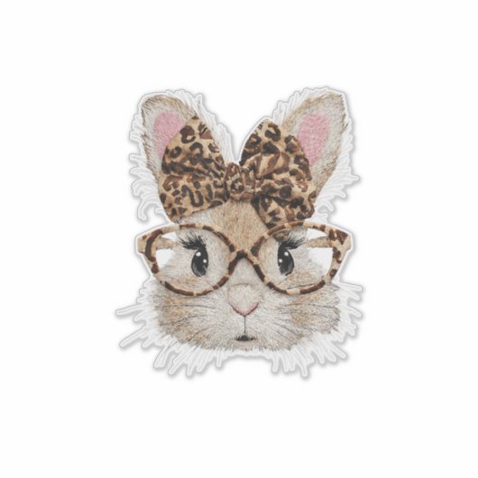 Cute Bunny Rabbit Face Leopard Coquette Bow Glasse シール (正面)