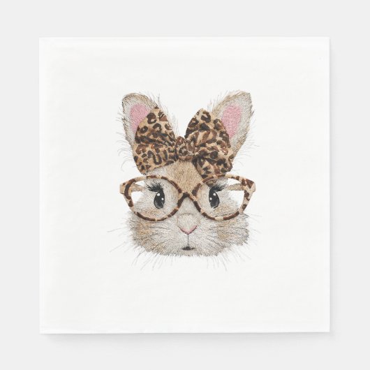 Cute Bunny Rabbit Face Leopard Coquette Bow Glasse スタンダードランチョンナプキン (正面)
