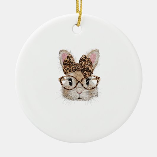 Cute Bunny Rabbit Face Leopard Coquette Bow Glasse セラミックオーナメント (正面)