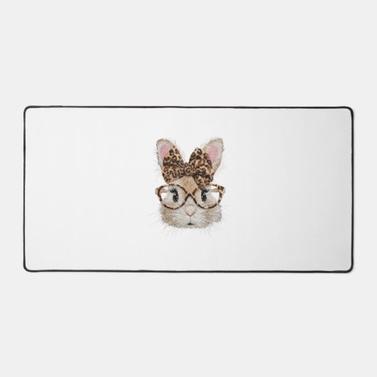 Cute Bunny Rabbit Face Leopard Coquette Bow Glasse デスクマット (正面)