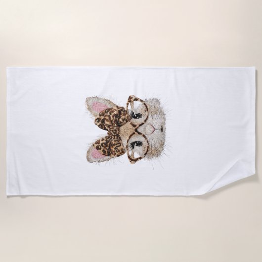 Cute Bunny Rabbit Face Leopard Coquette Bow Glasse ビーチタオル (正面)