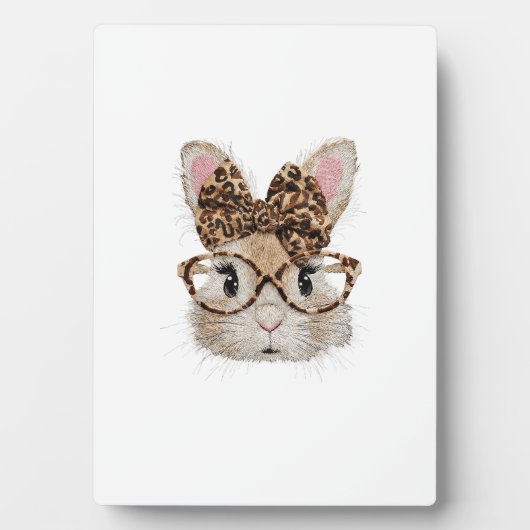 Cute Bunny Rabbit Face Leopard Coquette Bow Glasse フォトプラーク (正面)
