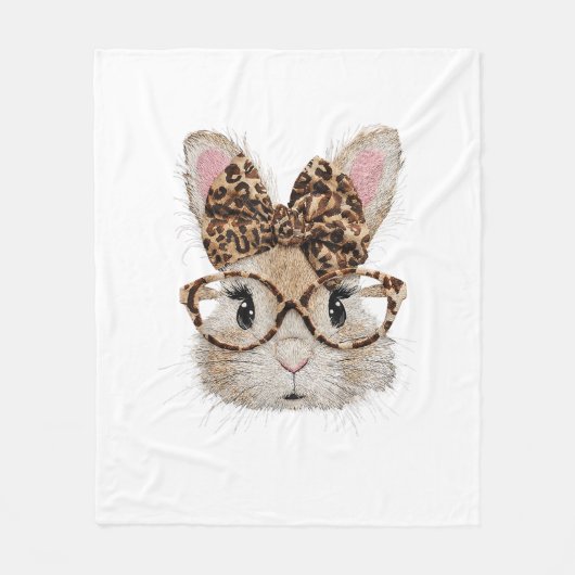 Cute Bunny Rabbit Face Leopard Coquette Bow Glasse フリースブランケット (正面)