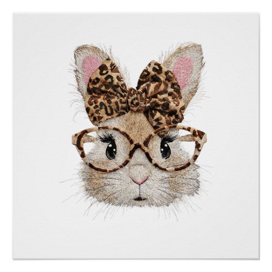 Cute Bunny Rabbit Face Leopard Coquette Bow Glasse ポスター (正面)