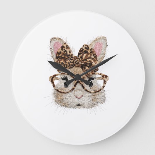 Cute Bunny Rabbit Face Leopard Coquette Bow Glasse ラージ壁時計 (正面)
