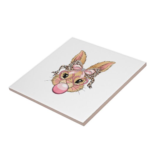 Cute Bunny Rabbit Face Leopard Glasses Girl Happy タイル (側面)