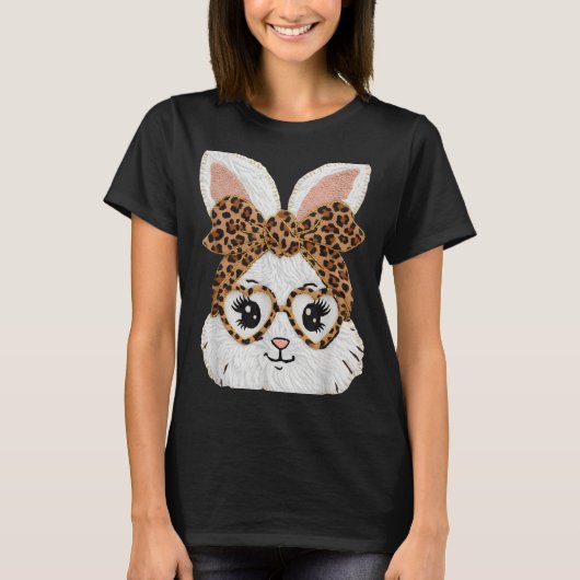 Cute Bunny Rabbit Face Leopard Gles Girl Happy Eas Tシャツ (正面)