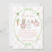 Cute Bunny Rabbit Girl Clothesline Baby Shower サンキューカード (正面)
