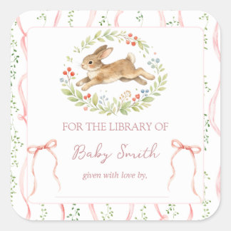 Cute Bunny Rabbit Girl Floral Pink Bow Book Plate スクエアシール