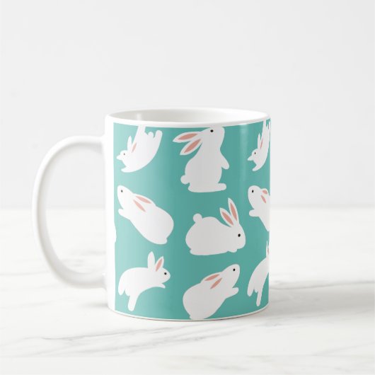 Cute Bunny Rabbit Pattern on Teal コーヒーマグカップ (左)