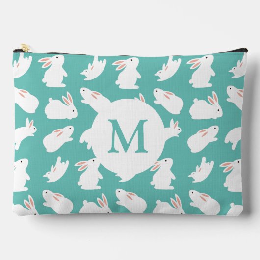 Cute Bunny Rabbit Pattern on Teal Monogram アクセサリーポーチ (正面)
