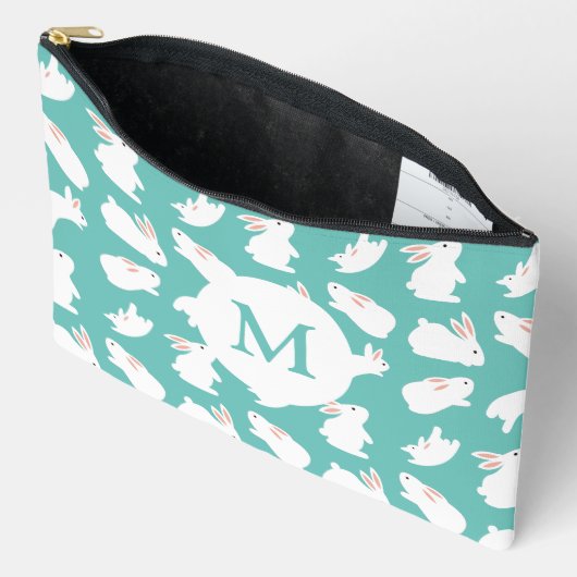 Cute Bunny Rabbit Pattern on Teal Monogram アクセサリーポーチ (見開き)